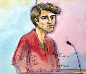 An artist rendering depicts Ross William Ulbricht during an appearance at federal court in San Francisco. Authorities say that Ulbricht had spent most of three years
