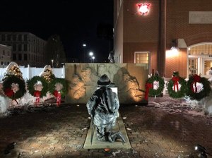 A memorial honoring the six firefighters killed in the Worcester Cold Storage Fire is adorned with wreaths during the 20th anniversary memorial event at the department in 2019.