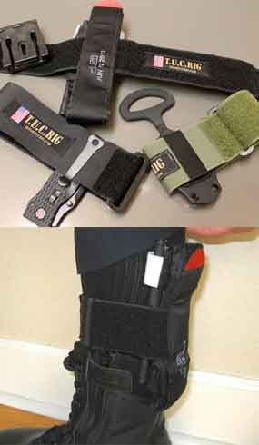 The Tactical Under Carry (T.U.C.) rig is an alternative strap used to carry survival equipment needed on duty, such as a tourniquet or extra knife.