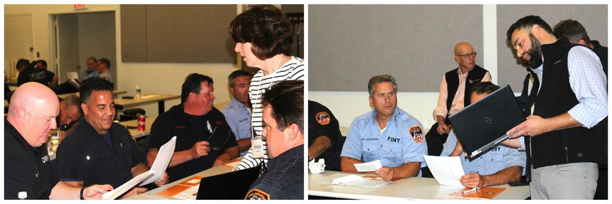 Photos, left to right - 15-40 president/executive director Tricia Laursen teaching 3 Steps Detect to FDNY members. 15-40 VP of Development Alec Elbert teaching 3 Steps Detect to FDNY members.