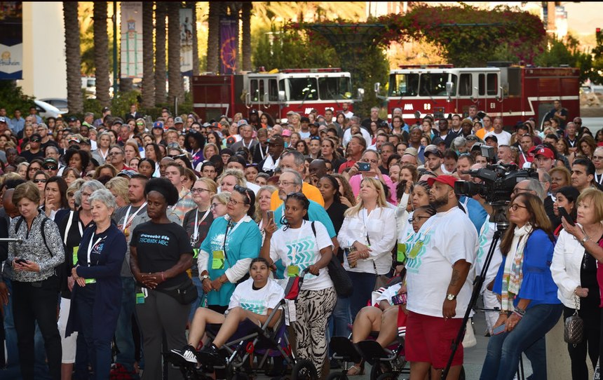 Burn survivors and their supporters who participated in a Walk of Remembrance gather to hear speakers at the start of the four-day Phoenix World Burn Congress at the Anaheim Convention Center on Wednesday, Oct. 2.