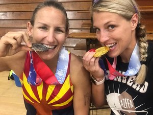 At the Police & Fire Championships' Toughest Competitor Alive. category, Morgan Dresser and Sara Shisslak (on the right) completed their eight-event competition with a 5k run, shot put, 100-meter dash, 100-meter swim, 20-feet rope climb, bench press, pull-ups and an obstacle course. (image courtesy of Arizona Firefighter Athletics)