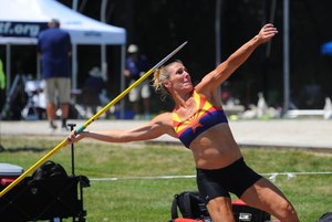 Angela Herzner, another competitor at the U.S. Police & Fire Championship games, practices her throws at Benedictine University. Photo courtesy of the Arizona Firefighter Athletics