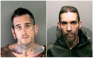 Max Harris, left, and Derick Almena are pictured following their arrests related to the warehouse fire that killed 36.