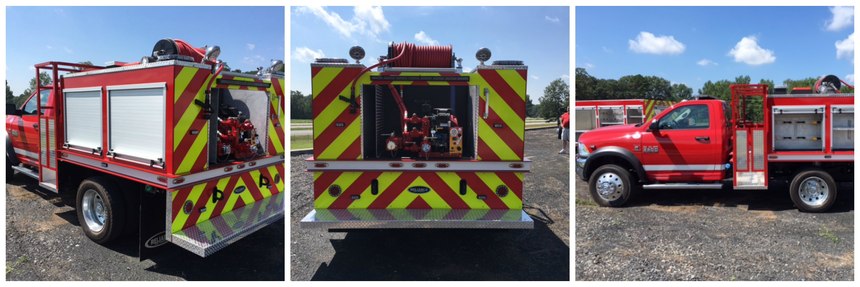 This QRV is constructed on a Dodge 5500 truck chassis, with a 300-gpm rear-mount pump and 375-gallon polypropylene tank, hose reel and preconnects for a 1¾-inch hose. The unit can easily meet the specifications for initial-attack fire apparatus as described in NFPA 1901.