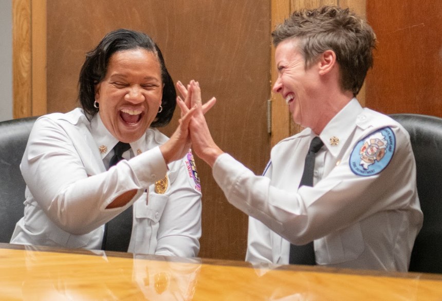 Chiefs Green and Wolford share a moment of laughter. (Photo/Marc Bashoor)