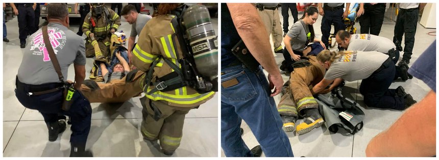 Some sessions focused on firefighters training on gear removal and using various methods to load a downed firefighter into a waiting transport unit.