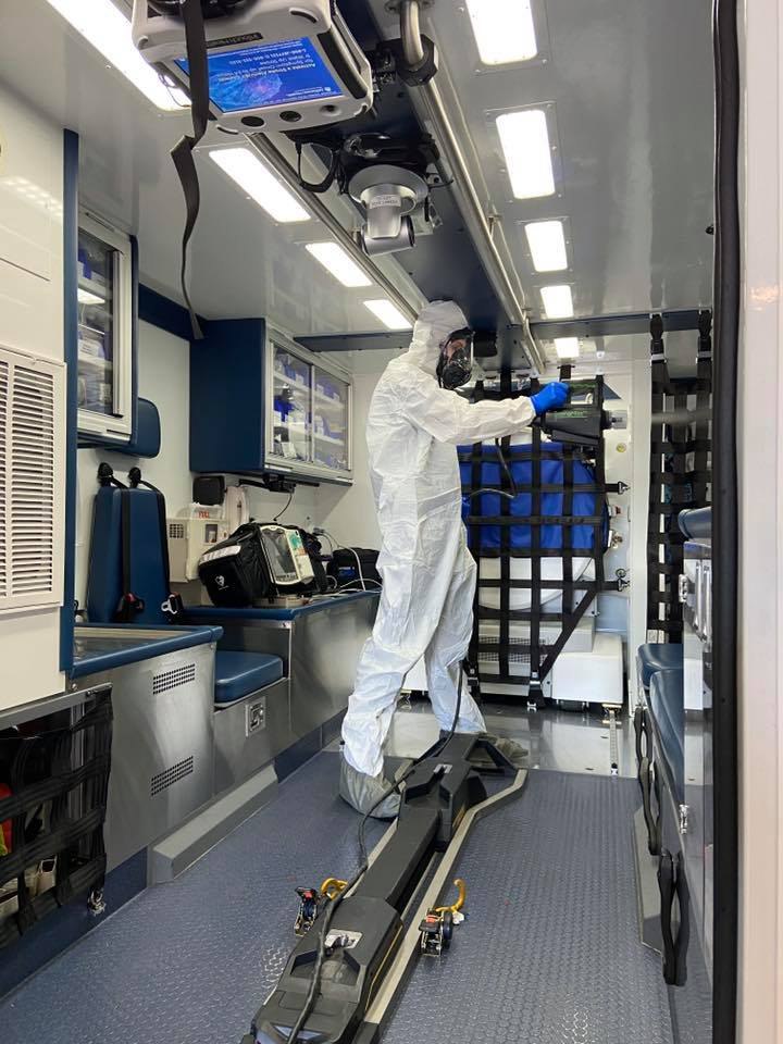 Jefferson Health's Vickie and Jack Farber Hospital for Neuroscience's Mobile Stroke Unit going through decontamination.