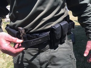 The Chuck-E-Tool portable pry bar is designed to be worn on a duty belt.