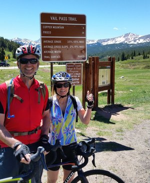 Don and Kris Soltis bike up Vail Pass, a 10,662-foot-high mountain pass in the Rocky Mountains of central Colorado, not too long after his stroke.