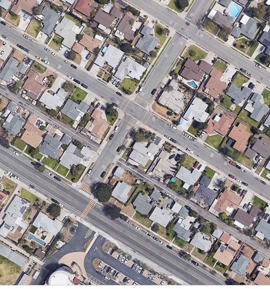 A Google Earth view of Bond Street between Santa Ana Street and Broadway. The total distance is approximately 750 feet.