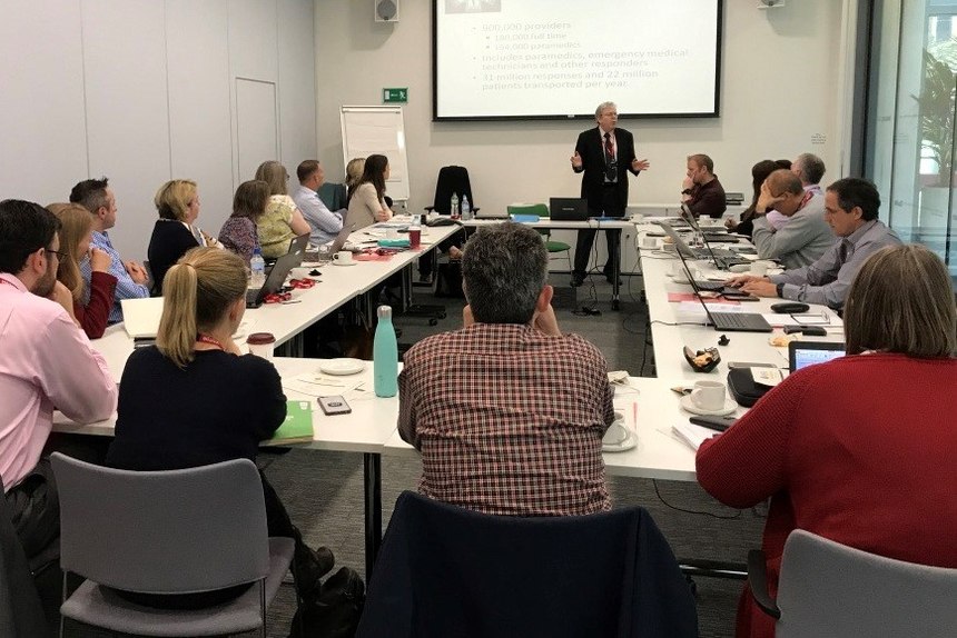 Professor Brian Maguire presenting to UK Association of Ambulance Chief Executives in London. (Photo/Courtesy of Brian Maguire)