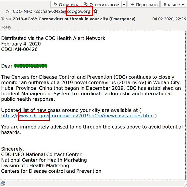 Cybercriminals sent this coronavirus phishing email, which was designed to look like it came from the U.S. Centers for Disease Control and Prevention. Image courtesy of Kapersky