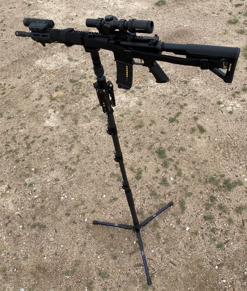At maximum height, with the Delta 5 mounted, I had the gun tip back once when a gust of wind picked up. The Geissele Super Duty (above) was much lighter and did not tip.