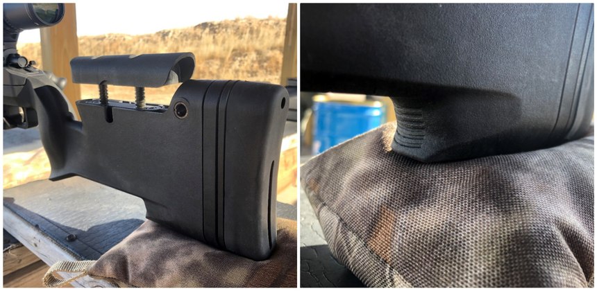 Left: Note the shape of the grip (thumb rests), the QD attach point, adjusted comb height and length of pull spacers. Right: Even small details like this bag hook really make a difference when locking in a position for a shot.