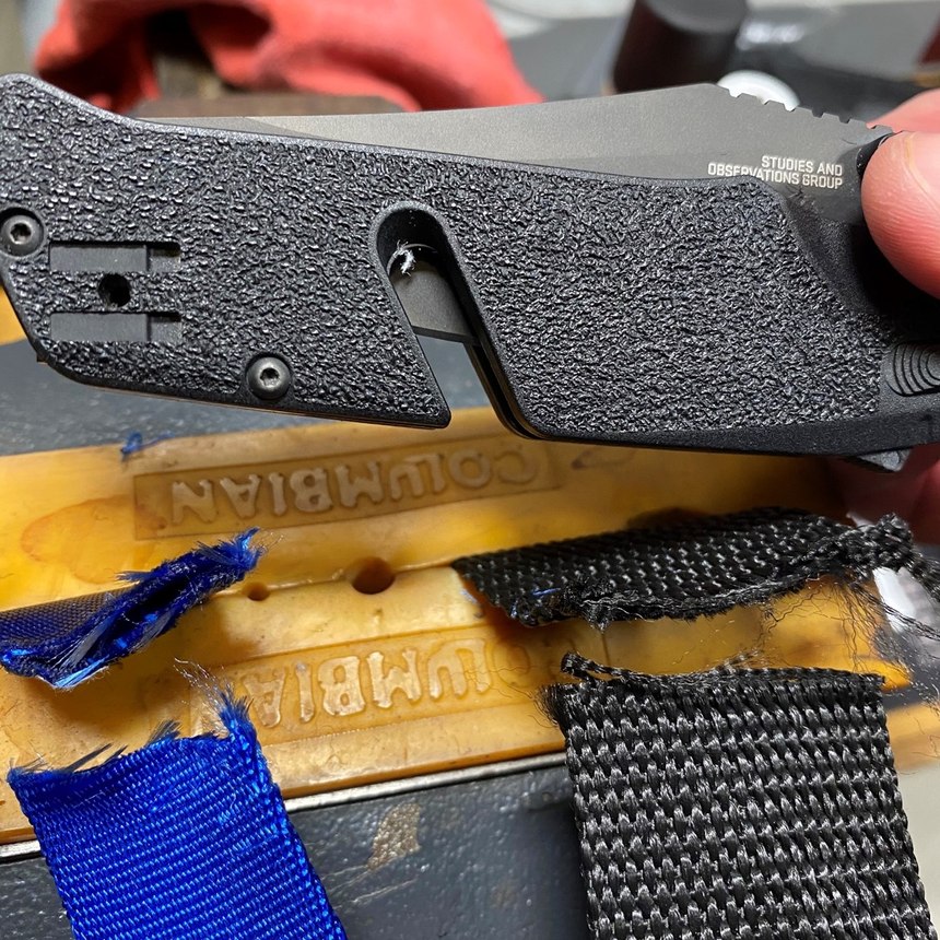 I tested the line/belt cutter and found that with tension and the right motion, it would cut all the materials I threw at it.