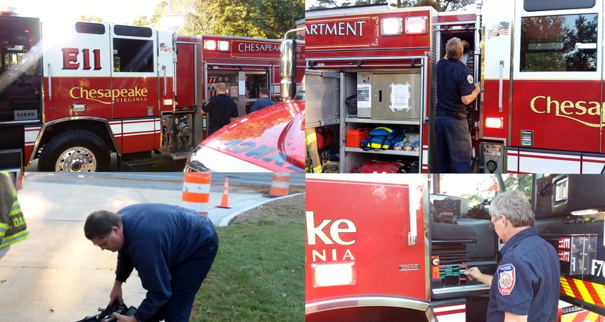 The crew ensures equipment is prepared. Clockwise: Driver and jump-seat check pump and engineer’s compartment; crew makes sure nozzles are properly set; crew ensures the accountability passport is updated; officer inspects gear and SCBA. (Photos/Duane Daggers)