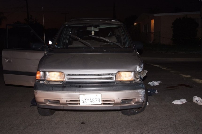 This photo shows the damage to the minivan after Wyatt crashed it to stop the van. Photo courtesy of Anaheim City Attorney’s Office.