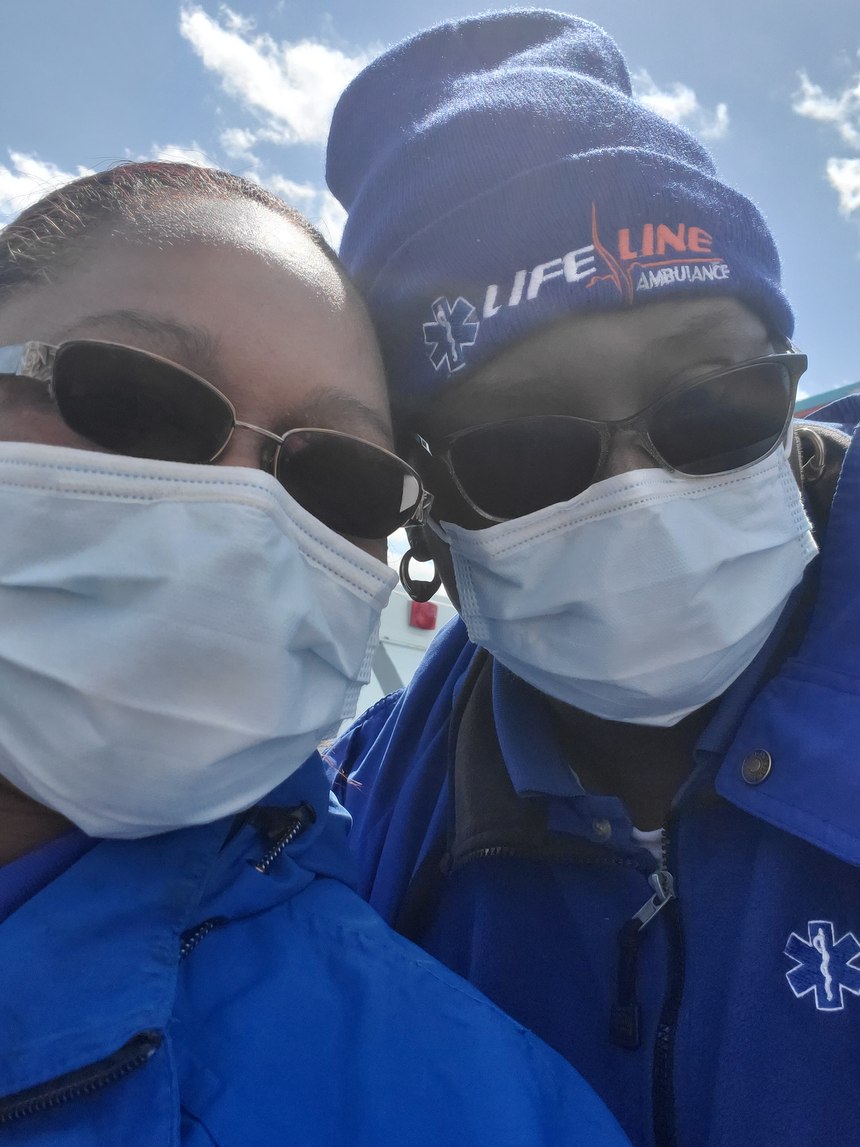 Lifeline Ambulance EMTs Abra Williams, left, and Debra Holloman on deployment in New York.