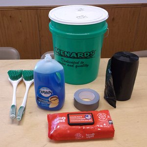 • Crews carry a bucket, which includes dish soap, scrub brushes, trash bags, tape and wipes, to start removing and isolating contaminants on scene.