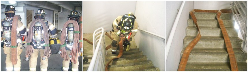 Hose packs should be designed so they are easy to carry and easy to deploy. A hands-free hose pack is preferred, as it allows you to carry any hand tools that you will need. The load pictured is allowed to flake off the shoulder as the firefighter ascends.