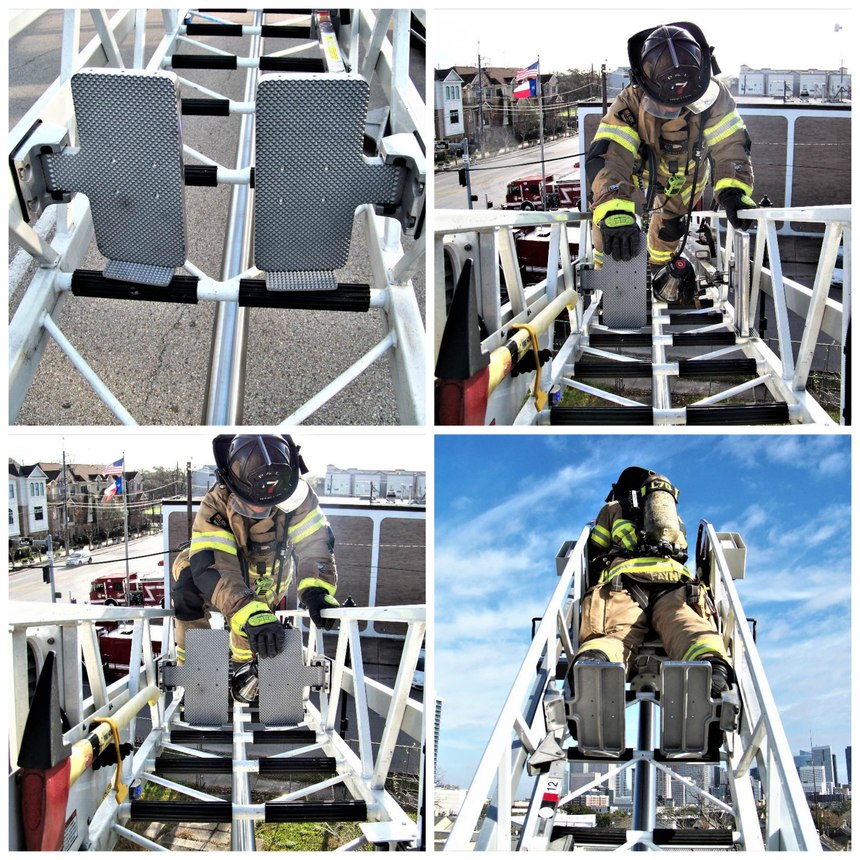 Foot plates located near the tip of the ladder allow a firefighter to safely stand and operate for extended periods at the nozzle during aerial master stream operations.