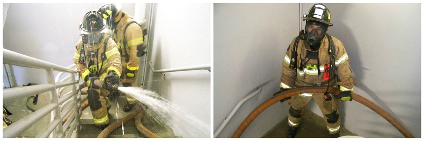 After the officer assigned to the nozzle team ensures that all connections are made, the hoseline is bled of air and firefighters are assigned to stairwell landings to avoid pinch points and make moving the hoseline onto the fire floor easier.