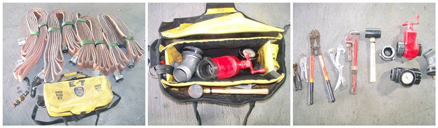 A smoothbore nozzle with stacked tips attached to four sections of 2½-inch hose is recommended for standpipe operations. A high-rise kit is an essential bag with whatever your department feels is necessary minimal equipment and accessories. Standpipe operations are simplified and safer with a gate valve and in-line gauge. This allows the fire attack team to set a safe working pressure and not have to rely on a cheap handwheel provided with many standpipe systems.