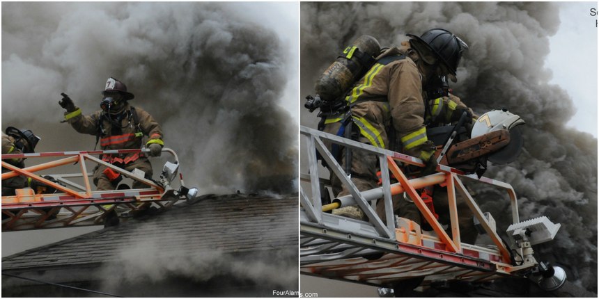 Left image: Operating from an aerial ladder requires additional coordination and communication between the officer and the operator located at the turntable. (Photo/Brandon Jacob) Right image: Operating from the aerial ladder requires practice to be efficient and effective. Firefighters should train and practice to be ambidextrous with the saws. The aerial ladder will not always be able to provide you with the optimum work location.