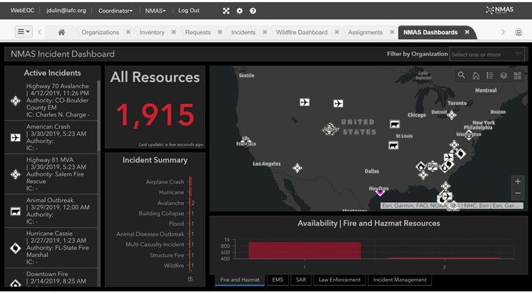 The NMAS Incident Command Dashboard shows resource locations.