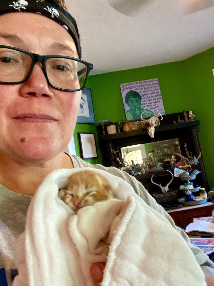 Savannah Fire Capt. Chela Gutierrez is caring for the kitten, named Lampley, as he recovers after the fire.