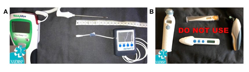 (A) Hospital thermometers probes (left) generally are unable to be inserted into the recommended depth of 15cm (B) Clockwise from left: Temporal artery surface thermometer, oral digital thermometer, tympanic membrane thermometer and forehead infrared thermometer. These devices should not used in the evaluation of EHS due to problems with accuracy.