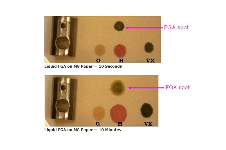 Upon an M8 paper's exposure to a liquid, a yellow/green or green/blue color is indicative of an FGA.