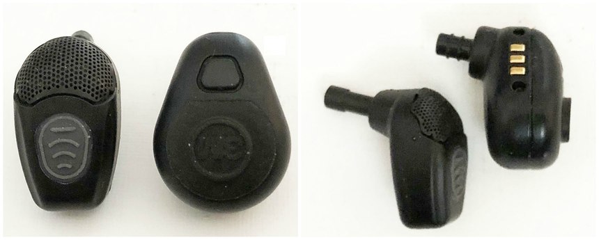 The NoizeBarrier Micro (left) is narrower overall while the TEP-100 is narrower toward your ear canal. The microphone is behind a built-in windscreen and is aimed more to the front on the former while the mic is recessed on the latter. Both earpieces will accept the same tips. The earwax filter friction fits into the bulge on the shaft of the NoizeBarrier Micro. Note the differences in where the device enters your ear canal – this can make a big difference in comfort and sealing.