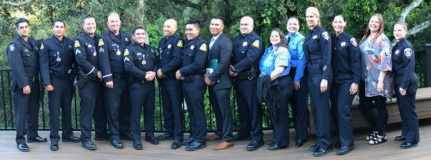 Officer Gomez is on the left of his brothers and sisters in blue who responded to or supported the YouTube active shooter response.