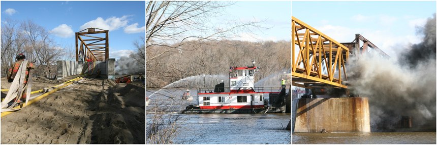 The biggest career fire for Thill occurred in 2010 when a century-old swing bridge that crosses the Mississippi river caught fire. The historic landmark was undergoing renovation when heat from a torch ignited the dry creosote timber. Due to the bridge’s asphalt surface and the 25-mph winds, crews fought the fire underneath the bridge using boats.