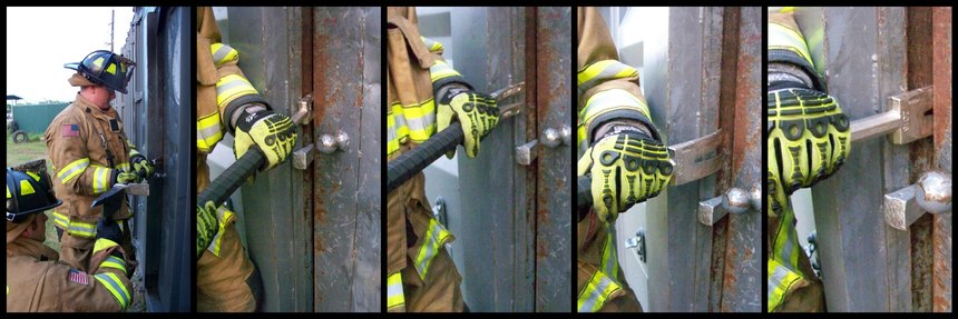 Figures 2-6 (left to right): Figure 2: When forks have gained a good position behind the door frame and door’s edge, drive forks in until you can no longer see the crotch of the forks; Figure 3: Save the gap with your axe or wedge; Figure 4: Remove the Halligan; Figure 5: Rotate the forks so that the bevel now faces the door frame; Figure 6: Force the adz and spike end of the Halligan toward the face of the door until entry is gained.