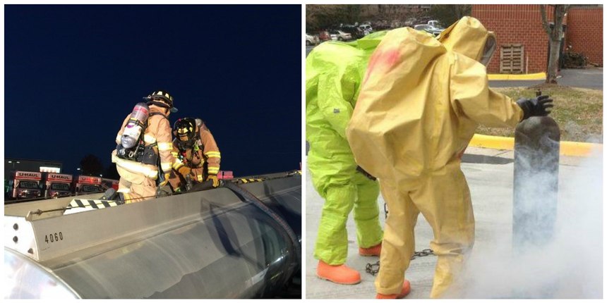 Hazmat operations are high-risk/low-frequency events that can involve a variety of materials and response types, from gasoline tanker pump-offs (left/Fairfax County Fire & Rescue Department) to chlorine cylinder leaks