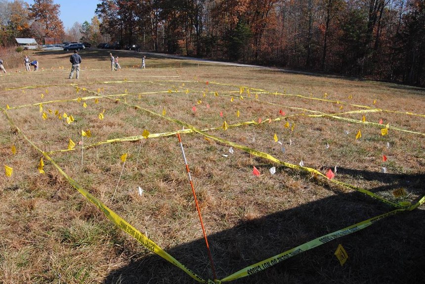 Pictures from the post-blast exercise. The scene was processed using a grad pattern. Yellow flags are pieces of the car and orange/white flags are pieces of the device.
