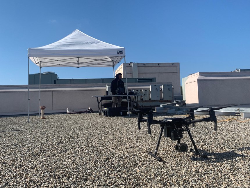 The DFR operation features a teleoperator and two FAA-trained pilots, who are each stationed on separate rooftops within the city.