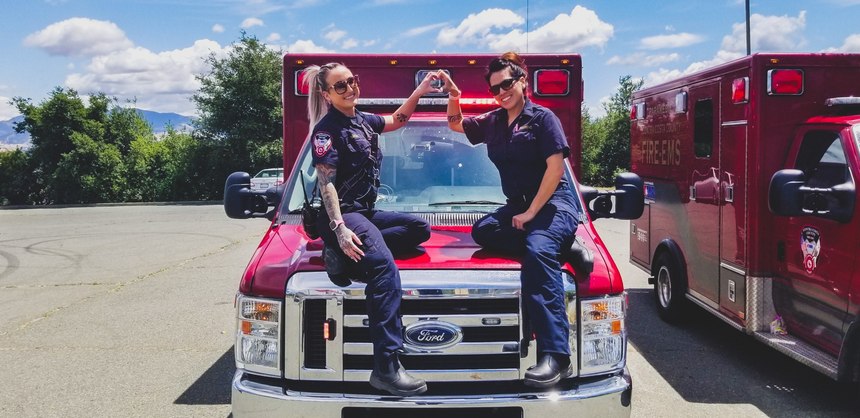 EMT Taylor Panus, left, and Paramedic Jolene Green work together on Medic 6.