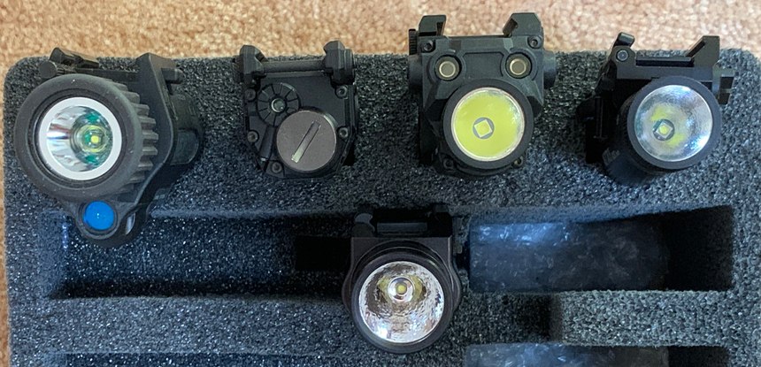 Figure 2 caption: L-R top to bottom: Insight M6X, Viridian C5, NEXTORCH WL30, NEXTORCH WL10X and the Streamlight TLR-1s.