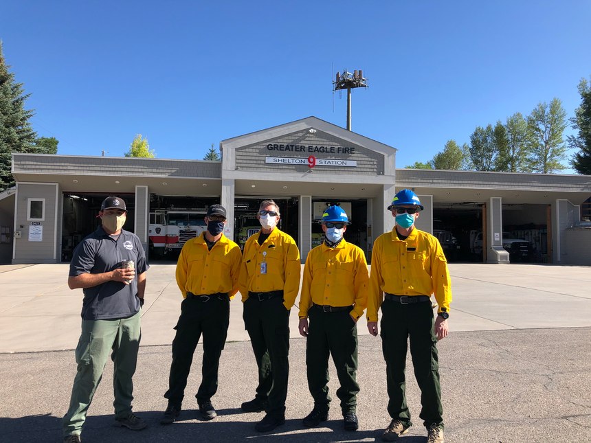Greater Eagle Fire District Lt. Clayton Forsyth (far left) with four members of the Eagle County Paramedic Services wildland paramedic team: (from left to right) Paramedics Chris Rauzi, Greg Sawyer, Aaron Zinser and Joel Simonson.
