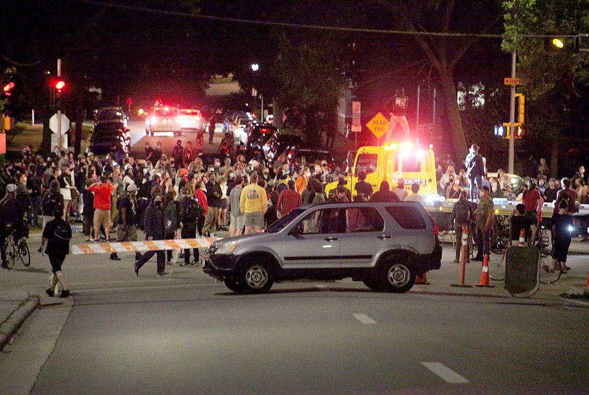 Protesters block traffic at an intersection an intersection near Capitol Square in Madison, Wis. Tuesday, June 23, 2020.