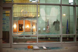 The windows of the Tommy G. Thompson Center on Public Leadership in Madison, Wis. are shattered during demonstrations Tuesday, June 23, 2020.