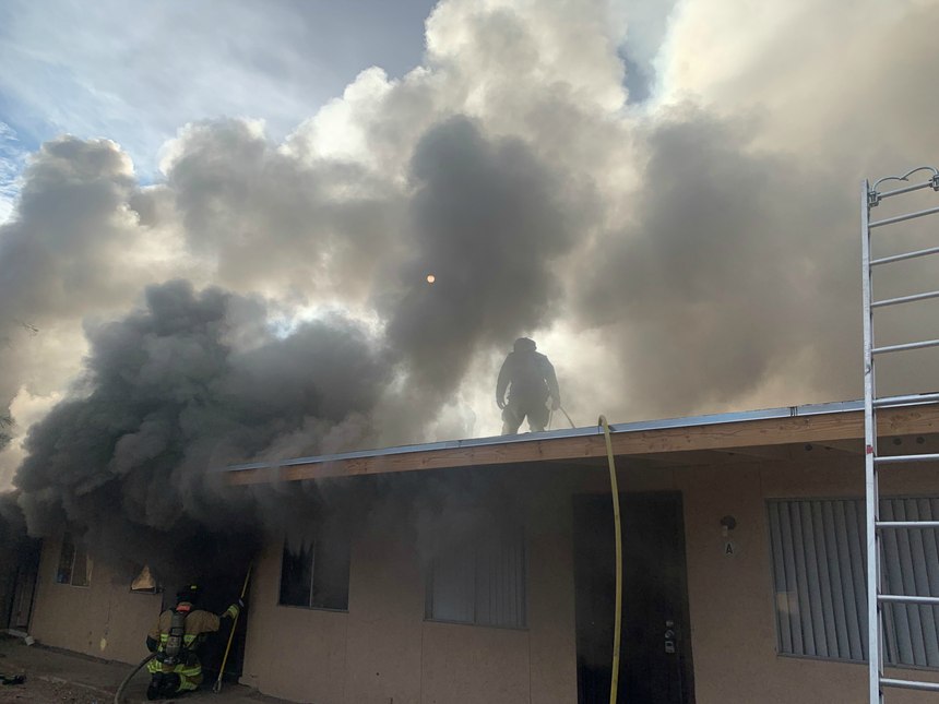 Department members perform a transitional attack on the backside of an apartment as they were getting ready to make entry through the front. Firefighters encountered thick smoke as they were making entry – a great time for early ventilation.