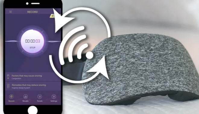 The Hupnos mask monitors your sleep and determines when snoring begins.