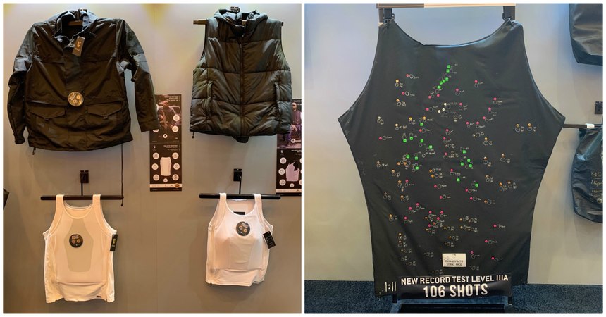 Left: Clockwise from top left, windbreaker, puffy jacket, level IIIA undershirt and level II undershirt. Right: At SHOT Show 2020, MC Armor displayed a vest that sustained 106 shots without failure.