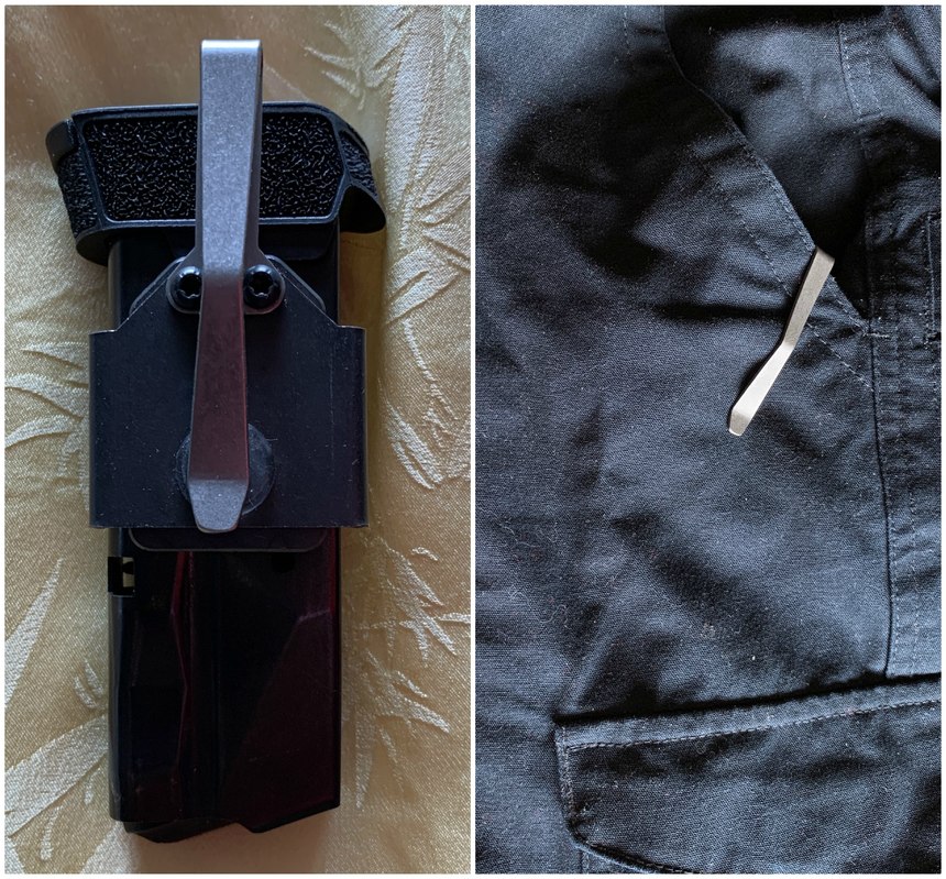 At left: A12-round SIG P365 magazine attached to an extended-clip Neomag. At right: The extended clip hides the larger base plate by letting it sit lower in your pocket.