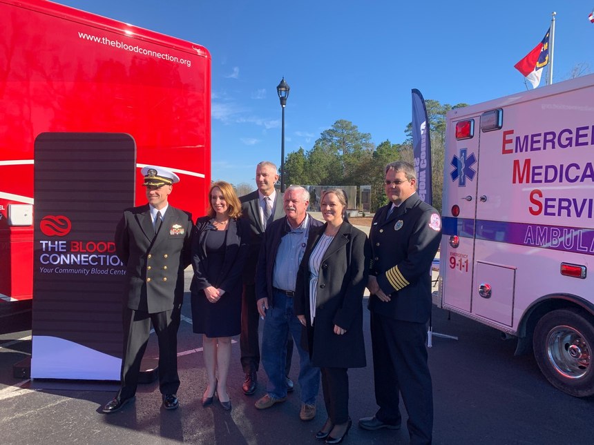 From left to right: Cmdr. Joseph Kotara, Onslow County Camp Lejeune EMS system medical director; Onslow County Manager Sharron Russel; Mike Patterson, The Blood Connection; Dr. Marshall Fink, Onslow County Camp Lejeune EMS system medical director; Trauma Nurse Beverly McAnallen-Szybka, Naval Medical Center Camp Lejeune coordinator; Onslow EMS Division Head David Grovdhal, Onslow County/Camp Lejeune system administrator. (Photo/Onslow County EMS)